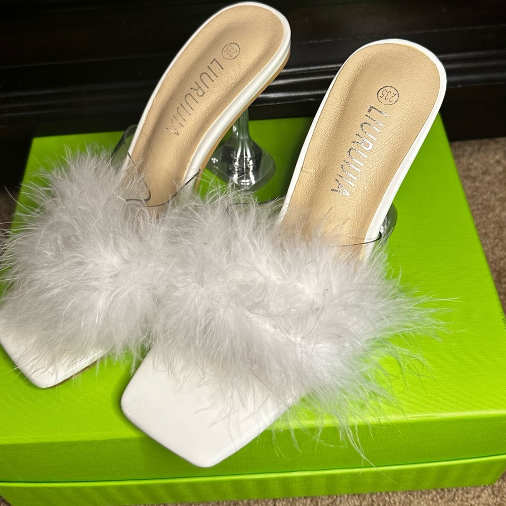 Square Toe Feathers High Heel Fur Mules Sandals Fuzzy Fluffy Bridal Party Dress
